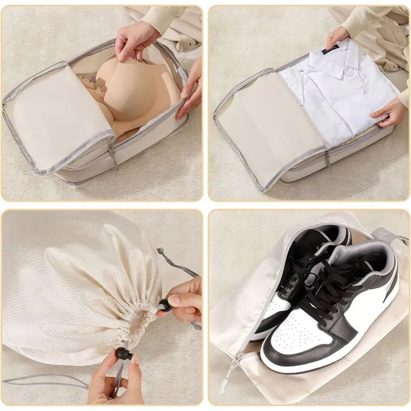 Pack de 4 organizadores de viaje con compresión – Beige